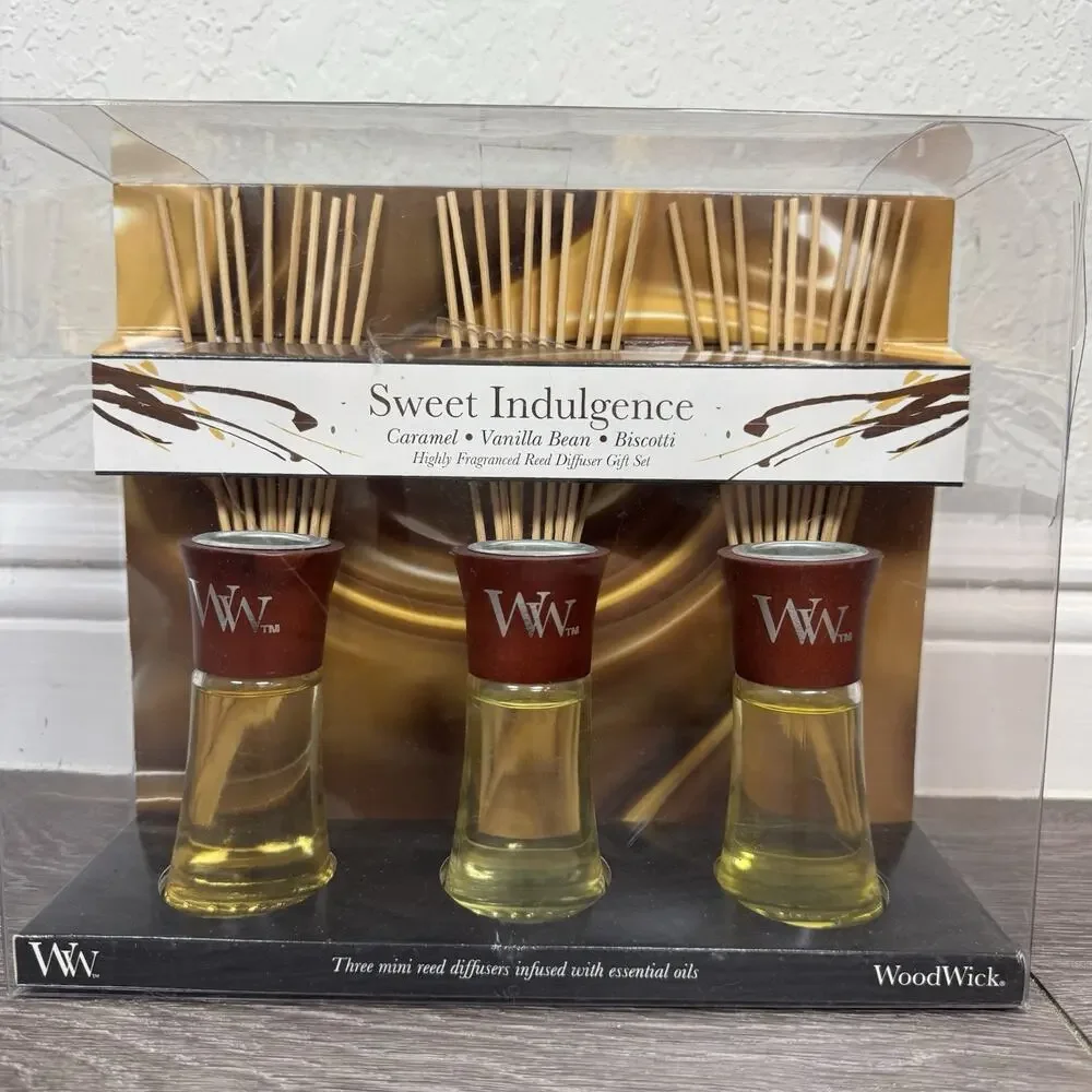 3x WoodWick Biscotti Caramel Vanilla Reed Diffuser Set 2 Oz Fragrance 12 Reeds